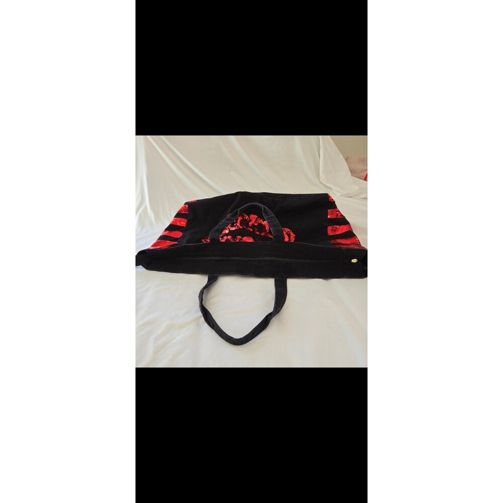 Victorias Secret Tote Bag 2000's Y2K Size XL Black Canvas Red Sequin Lip Design - Picture 4 of 9